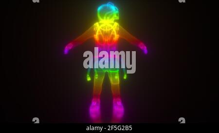 Detailed man 3d render in helmet and spacesuit mesh design with bindings and breathing tubes. Futuristic form of exploring vastness space with planeta Stock Photo