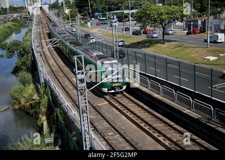 salvador, bahia, brazil - february 23, 2021: composition of the subway is seen traveling on line 2 in the region of the bus station in the city of Sal Stock Photo