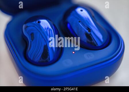 Blue wireless earbuds earbuds in a case on a white background. Stock Photo