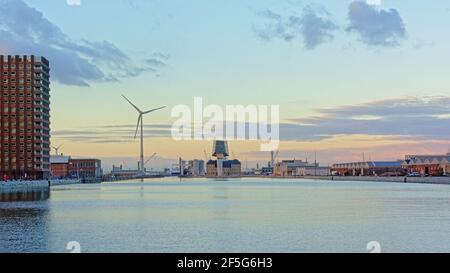 Kattendijkdok dock with modern Port authority building by architect Zaha Hadid and industrial buildings and cranes in Antwerp i Stock Photo