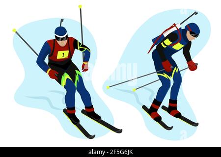 Set Biathlete in gear goes skiing and helping himself with sticks,vector character in flat style Stock Vector