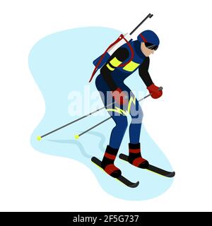 Biathlete in gear goes skiing and helping himself with sticks,vector character in flat style Stock Vector