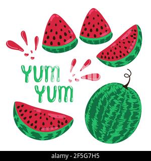 Juicy ripe watermelon set yum yum, whole watermelon and slice, summer delight fruit, vector illustration in hand-drawn style Stock Vector