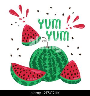 Banner Summer mood juicy watermelons,Juicy ripe watermelon set yum yum, whole watermelon and slice, summer delight fruit, vector illustration Stock Vector