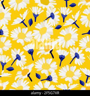 Vector seamless floral pattern. Bright decorative daisies, chamomile, leaves and buds. Ideal for printing on paper, fabric, wallpaper, tiles. Stock Vector