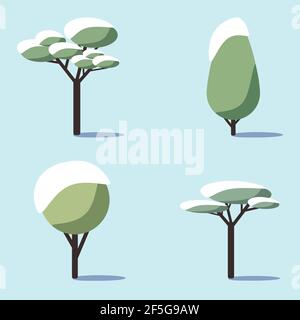 A set of green snow-covered deciduous trees with shadows. Design element for nature logo or banner. Vector illustration in the flat style on a blue ba Stock Vector
