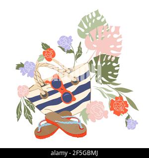 Summer banner or poster element with beach accessories and tropical leaves. Traveling or party template, flat vector illustration isolated on white ba Stock Vector