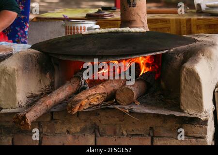 Traditionally Turkish pancakes on fire in the Park. Stock Photo