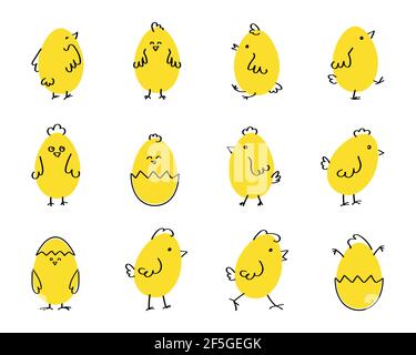 Cute cartoon chicken set. Funny yellow chickens in different poses, vector illustration. Stock Vector