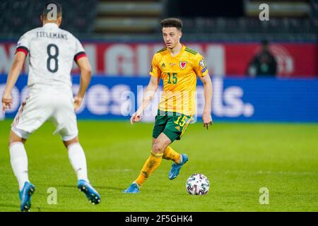 LEUVEN, BELGIUM - MARCH 24: Youri Tielemans of Belgium and Ethan Ampadu of Wales during the World Cup Qualifier match between Belgium and Wales at Den Stock Photo