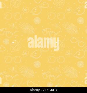 Seamless pattern of summer vibes items. Repeated ornament of sunglasses, tropical leaves and flowers. Vector yellow hand drawn doodle illustration for wrapping paper, wallpaper, background, textile and fabric  Stock Vector