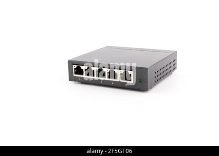 5 Port Network Switch Isolated on White Background Stock Photo
