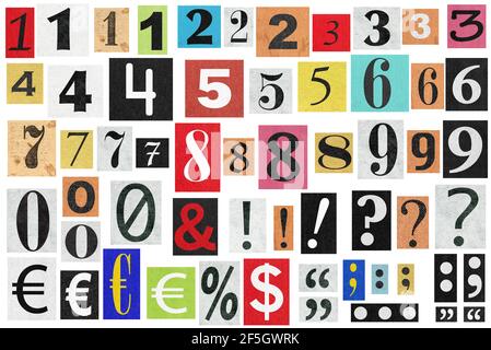 Ransom notes. Paper cut numbers and letters. Old newspaper magazine cutouts Stock Photo