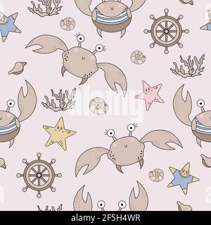 Marine Seamless Pattern. Cute funny crabs with eyes and corals, starfishes and seashells on light background. Vector. For design, decor, printing Stock Vector