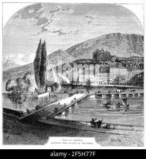 Engraving of Geneva, showing the island of Rousseau.  Illustration from 'The history of Protestantism' by James Aitken Wylie (1808-1890), pub. 1878 Stock Photo