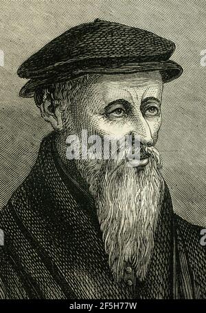 Engraving of William Farel (1489 – 1565), Guilhem Farel or Guillaume Farel: French evangelist, Protestant reformer and a founder of the Reformed Church in the Principality of Neuchâtel, in the Republic of Geneva, and in Switzerland in the Canton of Bern and the (then occupied by Bern) Canton of Vaud. Stock Photo