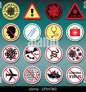 Coronavirus COVID-19. Set of prohibition and warning signs. Biohazard danger alert stickers. Vector illustration. Stock Vector