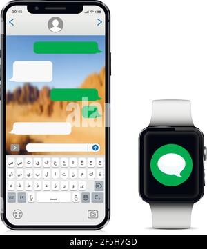 Smartphone with Arabic alphabet keyboard and smart watch with new message on screen isolated on white background. Vector illustration. Stock Vector