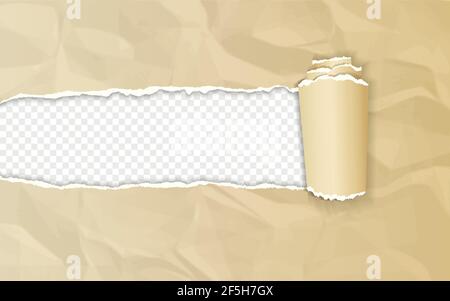 Realistic brown crumpled paper with rolled edge on transparent background. Vector illustration. Stock Vector