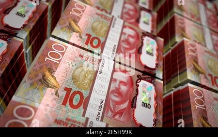 New Zealand Dollar money pack 3d illustration. 100 NZD banknote bundle stacks. Concept of finance, cash, economy crisis, business success, recession, Stock Photo