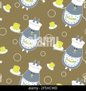 seamless background with gray toasted kind hare or rabbit with a plate of pancakes. vector Stock Vector