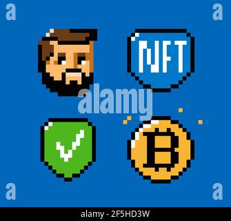 NFT, token, blockchain icon set. Digital currency pixel art vector Stock Vector