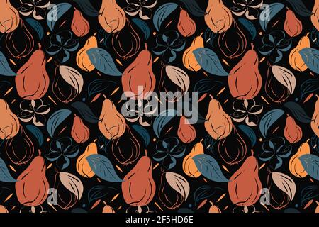Pears vector seamless pattern, autumn concept, sketch hand drawn design, flower, leaves in orange, blue, tidewater colors Stock Vector