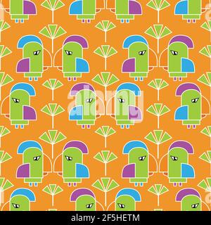 bright orange seamless background with parrots and tropical plants. vector Stock Vector