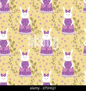 seamless pattern with a hare or a rabbit girl in a lilac dress. vector. Easter. holiday Stock Vector