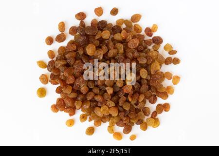 Raisin is a dried grape isolated on white background. View from above. Stock Photo