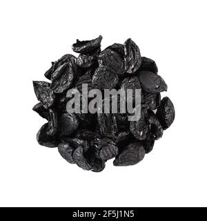 Pile of prunes, dry plums isolated on white background. Heap of dried fruits Stock Photo