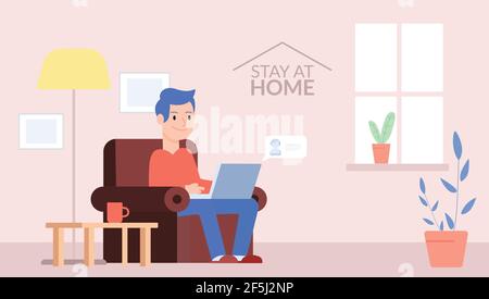 Man sitting on his sofa talking to friends on his computer. Stay at home, Vector illustration Stock Vector