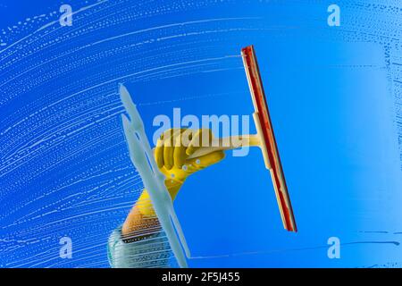 Window cleaner using a squeegee or wiper to wash a window glass. Hand in yellow glove hold cleaning squeegee on a blue sky background Stock Photo