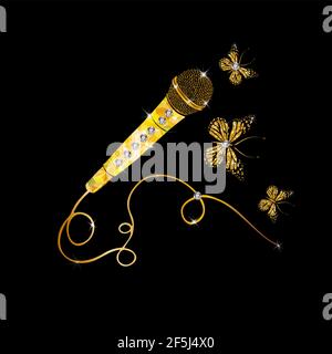 Gold microphone with beautiful shiny butterflies. Mic vector icon. Cartoon vector icon isolated on white background mic. Vector illustration Stock Vector
