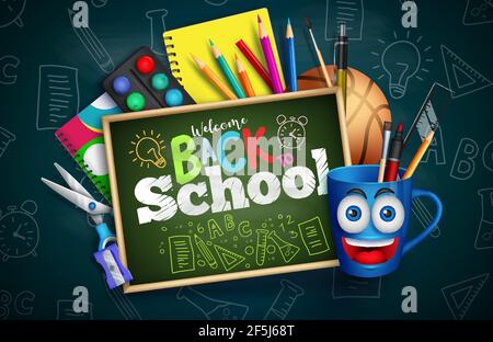 Back to school vector concept design. Welcome back to school text in chalkboard hand drawing decoration with education tools items for educational. Stock Vector