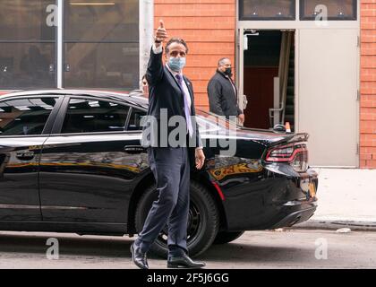 New York, United States. 26th Mar, 2021. Governor Andrew Cuomo arrives to New Settlement Community Center in the Bronx, New York on March 26, 2021 for announcement of partnership with SOMOS Community Care to provide COVID-19 vaccines to underserved New Yorkers. SOMOS Community Care will use 75 medical practices in the Bronx, Brooklyn, Manhattan and Queens to do vaccination. (Photo by Lev Radin/Sipa USA) Credit: Sipa USA/Alamy Live News Stock Photo