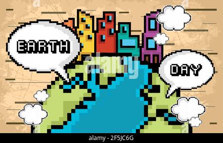 Earth day pixel art. Earth with a metropolis - Vector illustration Stock Vector