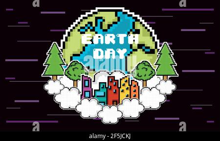 Earth day pixel art. Earth with a metropolis - Vector illustration Stock Vector