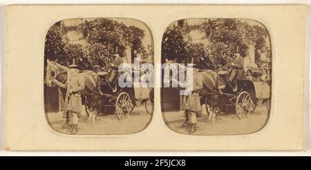Two women in a horse-drawn carriage with two men drivers wearing top hats, one man standing by horse. LeBas (French, active 1850s - 1860s) Stock Photo