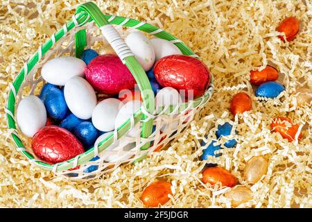 Easter. Basket with Easter eggs, on straw Stock Photo