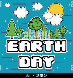 Pixelated trees and clouds. Earth day - Vector illustration Stock Vector
