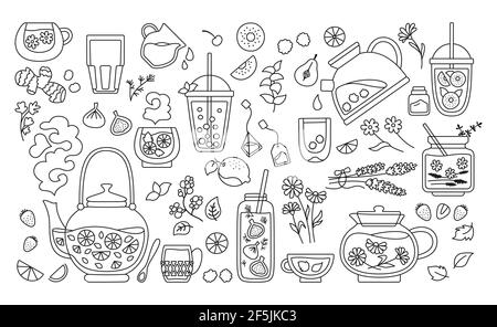 Cup of tea and cocktails black line set. Tea time mug teapot and herbs, fruits, ingredients for drinks. Summer hand drawn flowers, berries for menu. Flat design trendy vector illustration Stock Vector