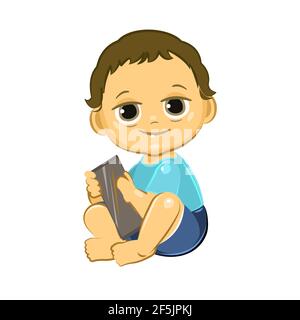 Little child. Boy. Sits playing on a smartphone. Isolated object on a white background. Cheerful kind funny. Cartoons flat style. Preschool age Stock Vector