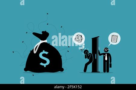 Man keeping dirty money in the house while IRS agent auditor come knocking at the door and checking account. Vector illustration concept of money laun Stock Vector