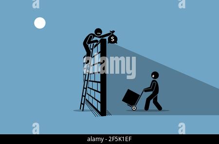 Free trade or fair trade restriction metaphor. Vector illustration of buyer and seller business exchange over a wall or barrier. Concept of regulation Stock Vector