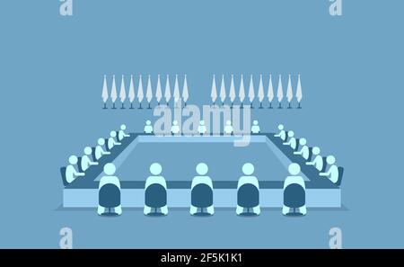 Leaders from different countries sitting together to meet and discuss about important matters. Vector illustrations depict global meeting, conference Stock Vector