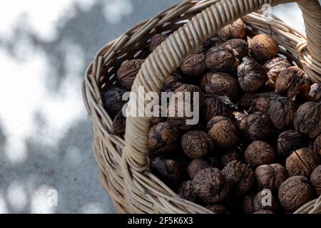Walnuts in a basket Stock Photo