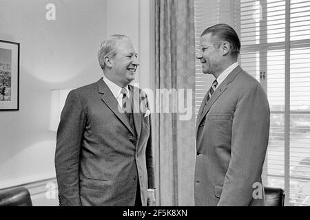 Secretary of Defense Robert S. McNamara, right, meets at the Pentagon with Edward Heath, leader of the opposition party in the House of Commons, Great Britain, May 1966 Stock Photo