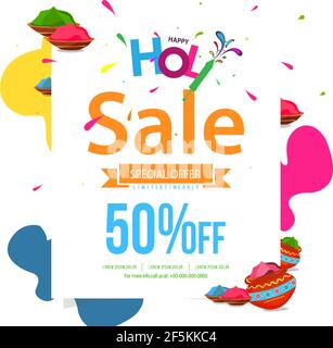 50% discount on Holi Background Festival Sale, Big Sale Header, or Banner Design with Creative Colorful Text. Stock Vector