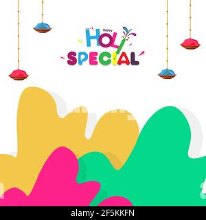 Happy Holi Indian Hindu Festival of Colors Greeting Background with Colorful Green, Pink, and Yellow Paint Splash on White Background Stock Vector